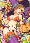  candy elbow_gloves food garter_belt garters gloves green_lipstick halloween hat jack-o'-lantern lipstick makeup maruta_kentarou navel original pumpkin pumpkin_bra solo thighhighs witch witch_hat 