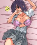  1girl angry bed blush bodysuit bra breasts embarrassed eyebrows_visible_through_hair eyelashes gray_skirt hair_between_eyes hand_on_own_face large_breasts mhjk oteruko_(wanabeee) pink_bra pleated_skirt purple_hair shirt short_hair skirt sweatdrop tagme underwear white_shirt 