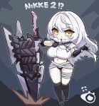  1girl april_fools armored_boots bandaged_leg bandaged_waist bandages black_gloves black_panties boots cloak commentary_request dog_tags english_text full_body gloves goddess_of_victory:_nikke hair_intakes highres holding holding_sword holding_weapon korean_commentary long_hair navel official_alternate_costume panties snow_white_(nikke) solo sword thighs torn_cloak torn_clothes underwear weapon white_cloak white_hair yellow_eyes zakuroten 