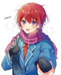  1boy 1other bag black_mittens blazer blue_jacket blush breath commentary_request ensemble_stars! grid_print highres holding holding_bag holding_hands jacket long_sleeves looking_at_viewer male_focus mittens necktie open_mouth pov pov_hands purple_eyes purple_scarf red_hair red_necktie scarf school_bag school_uniform short_hair smile solo_focus sparkle suou_tsukasa tamano_mayo translation_request upper_body yumenosaki_school_uniform 