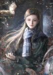  1girl absurdres bird black_eyes black_hair black_robe blue_scarf chinese_commentary cho_chang chromatic_aberration commentary_request emblem floating_hair hand_up harry_potter_(series) head_tilt highres hogwarts_school_uniform li_guai_su lofter_username long_sleeves owl pale_skin parted_hair pink_lips ravenclaw realistic robe scarf school_uniform side_part sidelighting solo straight_hair striped_clothes striped_scarf upper_body weibo_username wizarding_world 