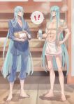  ! 2boys absurdres aqua_hair basin bottle chiyoganemaru hand_on_hip highres japanese_clothes kousetsu_samonji long_hair look-alike looking_at_another male_focus multiple_boys naked_towel spoken_exclamation_mark steam touken_ranbu towel very_long_hair water_bottle wooden_floor 