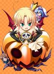  3girls animal_ears blonde_hair blue_eyes blue_hair bow brown_hair crown green_eyes halloween jack-o&#039;-lantern jack-o'-lantern multiple_girls pumpkin red_eyes wings 