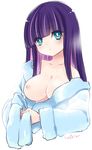  blue_eyes breast_slip breasts head_tilt large_breasts long_hair multicolored_hair nipples one_breast_out panty_&amp;_stocking_with_garterbelt purple_hair robe solo stocking_(psg) upper_body yukian 