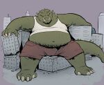 anthro beepbeepster belly big_belly bottomwear building building_destruction city city_destruction clothing destruction fangs green_body hi_res kaiju macro male monster overweight overweight_male pants red_eyes reptile scalie shirt solo tank_top teeth topwear