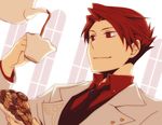  black_tea checkerboard_cookie cookie cup food lowres male_focus mikawa_(xxcrisp) necktie pouring pretzel red_hair solo tea teacup teapot umineko_no_naku_koro_ni upper_body ushiromiya_battler 