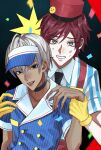  2boys absurdres alternate_costume amamoto_o black_choker choker commentary confetti dark-skinned_male dark_skin empty_eyes gloves green_eyes hair_between_eyes hand_on_another's_wrist hat highres ibrahim_(nijisanji) lauren_iroas looking_at_viewer male_focus mesmerizer_(vocaloid) multiple_boys nijisanji pinstripe_pattern pinstripe_shirt red_hair red_hat shirt short_hair short_sleeves smile striped_clothes striped_shirt sweat tongue tongue_out upper_body vertical-striped_clothes vertical-striped_shirt virtual_youtuber white_hair yellow_gloves 
