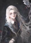  1girl absurdres black_robe blue_eyes blue_necktie blush chinese_commentary collared_shirt commentary_request diagonal-striped_clothes diagonal-striped_necktie earrings floating_hair food-themed_earrings grey_background harry_potter_(series) head_tilt highres hogwarts_school_uniform holding holding_wand jewelry li_guai_su light_particles light_smile lofter_username long_hair long_sleeves looking_at_viewer luna_lovegood magic motion_blur necktie pale_skin parted_hair parted_lips patronus rabbit ravenclaw realistic robe school_uniform shirt side_part simple_background solo striped_clothes translation_request two-tone_necktie upper_body very_long_hair wand wavy_hair weibo_username white_hair white_necktie white_shirt wing_collar wizarding_world 