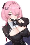  1girl 4kebidayo adjusting_mask arm_under_breasts black_dress black_mask black_wings blush breasts cleavage commentary_request dress hair_intakes hand_up highres large_breasts looking_at_viewer low_wings mask medium_hair mouth_mask parted_lips pink_eyes pink_hair pointy_ears ramiel_(zenless_zone_zero) red_nails simple_background solo upper_body white_background wings zenless_zone_zero 