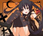  bad_id bad_pixiv_id bat_wings black_hair boots brown_eyes gothic haine halloween jack-o'-lantern k-on! long_hair nakano_azusa open_mouth panties pantyshot pumpkin smile solo striped striped_panties thigh_boots thighhighs twintails underwear wings 