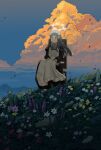 1girl absurdres apron black_dress blue_sky chair commentary_request crinoids dress flower gradient_sky halo highres long_dress long_sleeves maid maid_headdress meadow on_chair original outdoors pink_flower sitting sky solo twilight variant_set white_apron white_flower white_halo yellow_flower 
