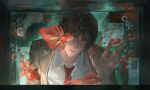  1boy absurdres brown_hair brown_jacket closed_mouth collared_shirt commentary death_note fish fish_tank goldfish highres jacket lapels looking_at_viewer male_focus necktie notched_lapels open_clothes open_jacket red_eyes red_necktie seal_impression shirt short_hair solo upper_body yagami_light yingtangbingdouhua 
