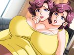  bow breasts conjoined couch dutch_angle gaden hands_up large_breasts lipstick mature milf multi_head purple_eyes purple_hair ring short_hair siamese_twins solo television twins window 