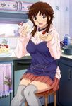  :d absurdres amagami apron bangs breasts brown_hair cabinet cake casual chair container cooking counter curvy dual_wielding eating egg food food_on_face fruit grey_legwear highres holding holding_food hood hoodie icing indoors kitchen knees_together long_sleeves looking_at_viewer medium_breasts milk_carton mixing_bowl nail_polish non-web_source nyantype official_art open_mouth over-kneehighs pink_nails pink_skirt pleated_skirt polka_dot sakurai_rihoko scan sitting skirt slice_of_cake smile solo strawberry thighhighs tile_wall tiles towel towel_rack umetsu_yukinori whisk zettai_ryouiki 