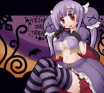  breasts cape cleavage dress drifloon english female flapper_shirt gijinka gloves hair_ribbon halloween large_breasts long_hair moemon navel open_mouth personification pokemon pokemon_(game) purple_hair red_eyes ribbon shirt solo thighhighs twintails underboob 