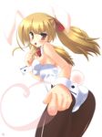  angel_beats! animal_ears ass blonde_hair brown_eyes bunny_ears bunnysuit foreshortening long_hair pantyhose pointing saano_chia solo tongue wrist_cuffs yellow_eyes yusa_(angel_beats!) 