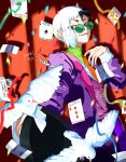  1boy ace_(playing_card) ace_of_spades asagiri_gen bird black_eyes black_hair card commentary_request confetti dove dr._stone green-tinted_eyewear hat highres jacket long_sleeves looking_at_viewer magician male_focus multicolored_hair necktie orange_necktie playing_card purple_jacket round_eyewear shirt short_hair smile solo spade_(shape) split-color_hair spotlight suecumzo tinted_eyewear top_hat two-tone_hair unworn_hat unworn_headwear white_bird white_hair 