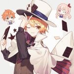  1other 2boys ;) akiyama_mizuki apron black_shirt blonde_hair blue_apron blue_bow blue_bowtie bow bowtie brown_eyes brown_vest buttons candy cape chibi chibi_inset chocolate chocolate_bar closed_mouth collared_shirt crop_top film_grain food hair_bow hat highres holding holding_food kino_kazumi long_sleeves multicolored_hair multiple_boys neck_ribbon no_nose one_eye_closed orange_hair pink_hair project_sekai red_bow red_bowtie red_eyes ribbon shinonome_akito shirt side_ponytail sidelocks smile streaked_hair striped_bow striped_bowtie striped_clothes tenma_tsukasa tsurime two-sided_cape two-sided_fabric two-tone_bow two-tone_bowtie two-tone_hair v-shaped_eyebrows vest white_cape white_hat white_shirt wing_collar 