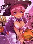  blz breasts cleavage dark_skin halloween hat large_breasts original pink_hair purple_hair solo striped striped_legwear thighhighs witch witch_hat 