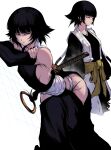  1girl absurdres armpit_crease backless_outfit bare_shoulders bent_over black_hair black_kimono bleach blunt_bangs breasts clothing_cutout highres hip_vent japanese_clothes jesse_schickler kimono looking_at_viewer medium_breasts shinigami short_hair short_hair_with_long_locks sideboob sideless_kimono sideless_outfit simple_background solo sui-feng thighs white_background zanpakutou 