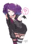  1girl asymmetrical_clothes asymmetrical_legwear bare_shoulders bat_wings birthday black_choker black_jacket black_nails blunt_bangs blush choker closed_mouth clothing_cutout collarbone commentary_request cowboy_shot cross diagonal_bangs dot_nose eyelashes gradient_hair hand_up heart highres hood hood_down hooded_jacket idolmaster idolmaster_shiny_colors jacket leaning leaning_forward lichtendamiuntis light_blush medium_hair multicolored_hair nail_polish official_alternate_costume pointing pointing_up purple_eyes purple_hair purple_socks short_bangs shoulder_cutout sidelocks simple_background smile socks solo standing striped_clothes striped_thighhighs sweater tanaka_mamimi tank_top thigh_strap thighhighs thighs tongue tongue_out twintails white_background white_socks wings zipper 
