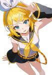  1040apap 1girl absurdres aqua_eyes arm_warmers armpits bare_shoulders bass_clef belt black_sailor_collar blonde_hair bow breasts commentary_request hair_ornament hairclip headphones headset highres kagamine_rin korean_commentary looking_at_viewer neckerchief number_tattoo open_mouth parallel_hairclips sailor_collar short_hair simple_background small_breasts tattoo thighs treble_clef vocaloid w white_background white_bow yellow_belt yellow_nails yellow_neckerchief yellow_trim 