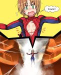  1girl blonde_hair blush bodysuit breasts cosplay eyebrows_visible_through_hair eyelashes grabbing green_eyes hair_between_eyes kneeling light_brown_hair medium_breasts open_clothes open_mouth oteruko_(wanabeee) red_clothes short_hair silk solo spider_web sweatdrop tagme torn_clothes 