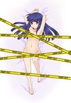  blue_hair blush caution_tape censored dakimakura furude_rika highres higurashi_no_naku_koro_ni image_sample lmo long_hair lying nude on_back pixiv_sample purple_eyes solo 