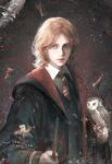  1boy absurdres bird bird_on_hand black_robe black_vest board_game brown_background chess chess_piece chinese_commentary collared_shirt colored_eyelashes commentary_request diagonal-striped_clothes diagonal-striped_necktie feathers floating grey_eyes gryffindor harry_potter_(series) highres hogwarts_school_uniform holding holding_wand li_guai_su light_particles lofter_username long_sleeves looking_at_viewer male_focus medium_hair middle_part necktie open_clothes open_robe orange_hair owl pale_skin parted_hair pigwidgeon pink_lips realistic red_necktie robe ron_weasley school_uniform shirt sidelighting solo striped_clothes two-tone_necktie upper_body vest wand wavy_hair weibo_username white_shirt wing_collar wizarding_world yellow_necktie 