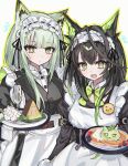  2girls :d apron arknights black_dress black_hair blush bow bowtie bright_pupils buttons commentary dress emoji enmaided food frilled_apron frills green_bow green_bowtie green_eyes green_hair highres holding holding_plate kal'tsit_(arknights) light_blush long_hair long_sleeves looking_at_viewer maid maid_apron mon3tr_(arknights) morita_(pixiv31883607) multicolored_hair multiple_girls notice_lines official_alternate_costume open_mouth outline parted_lips plate simple_background smile streaked_hair traditional_bowtie untranslatable_commentary white_apron white_background white_bow white_bowtie white_pupils yellow_outline 