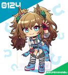  1girl animal_ears black_collar black_gloves black_thighhighs blast_onepiece_(umamusume) blue_eyes blue_jacket blush breasts brown_hair chibi closed_mouth clothes_around_waist clothing_cutout collar commentary fingerless_gloves full_body gloves hair_between_eyes hair_ornament hip_vent horse_ears horse_girl horse_tail jacket jacket_around_waist leotard long_hair long_sleeves looking_at_viewer medium_breasts multicolored_nails shoes shorts smile solo sumikawa_(sumikawa8v) tail thighhighs twintails umamusume untranslatable_commentary waving white_leotard white_shorts 