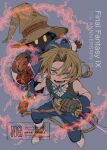  2boys absurdres ahoge anniversary aqua_eyes aqua_ribbon aqua_vest bare_shoulders belt black_mage_(final_fantasy) blonde_hair blue_coat blue_pants blue_wrist_cuffs boots brown_belt brown_boots cat coat commentary_request copyright_name dagger dual_wielding fighting_stance final_fantasy final_fantasy_ix fire frilled_shirt_collar frills from_above full_body gloves grey_background grey_boots grey_gloves hat highres holding holding_dagger holding_knife holding_staff holding_weapon knife looking_at_viewer low_ponytail male_focus mimixxx339 multiple_boys neck_ribbon open_mouth pants parted_bangs ponytail red_gloves ribbon shirt short_hair_with_long_locks signature sleeveless sleeveless_shirt slit_pupils smile staff striped_clothes striped_pants twitter_username vest vivi_ornitier weapon white_shirt wizard_hat wrist_cuffs yellow_eyes zidane_tribal 