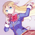  1girl blonde_hair blue_eyes blue_jacket blush bow bowtie braid brown_skirt chocolate closed_mouth collared_shirt commentary_request cowboy_shot dutch_angle eyes_visible_through_hair floating_hair food gift grey_background hair_between_eyes hair_ribbon half_up_braid hands_up heaven_burns_red highres holding holding_chocolate holding_food holding_gift jacket long_hair long_sleeves looking_at_viewer plaid_clothes plaid_skirt red_bow red_bowtie ribbon shira_461 shirt signature simple_background skirt smile solo toujou_tsukasa valentine very_long_hair white_ribbon white_shirt 
