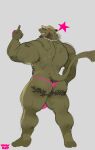 anthro arm_tattoo aviesergal back_muscles baseball_cap body_hair bulge bulge_from_behind butt butt_hair butt_tattoo chain clothing ear_piercing ear_ring facial_piercing gesture green_body hand_gesture hat headgear headwear heart_symbol hi_res jewelry lip_piercing looking_at_viewer looking_back looking_back_at_viewer male middle_finger muscular muscular_arms muscular_legs muscular_male necklace piercing rear_view ring_piercing sergal smile solo star_symbol tail tail_tuft tattoo thong tuft underwear