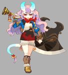 axe bell boots flat_chest horns jingle_bell mota nipples open_clothes open_mouth original pointy_ears purple_hair red_eyes simple_background solo tail weapon 