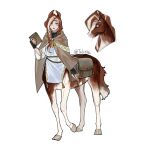  1girl animal_ears artist_name black_gloves blue_pupils book braid brown_cloak brown_hair centaur cloak commentary_request creature_and_personification fingerless_gloves full_body gloves headband highres holding holding_book hooves horse horse_ears horse_tail long_hair long_sleeves looking_at_viewer lower_teeth_only monster_girl multicolored_hair multiple_legs open_mouth original parted_bangs personification robe saddlebags sidelocks simple_background standing standing_on_three_legs streaked_hair tabitha_qu tail taur teeth two-tone_hair white_background white_eyes white_hair white_robe 