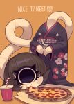  1girl absurdres black_eyes black_hair black_kimono blush_stickers colored_skin commentary_request cup cyclops dotted_background eating extendable_limbs eyelashes fewer_digits floral_print food food_in_mouth hair_bun highres japanese_clothes kimono long_neck looking_at_viewer monster_girl one-eyed original pizza pizza_box rokurokubi single_hair_bun smile solo stretched_neck traditional_youkai white_skin zombiemiso 