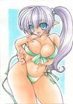  bad_id bad_pixiv_id bikini blue_eyes breasts cleavage front-tie_top large_breasts long_hair nakamura_hinaichi pointy_ears side-tie_bikini side_ponytail silver_hair solo swimsuit untied 