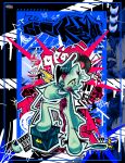  1other ;d abstract_background absurdres animal_ears blood blue_border border box cat_ears claws cleaver commentary disembowelment english_commentary esrb fang femtanyl_(musician) frenzzy_soda full_body furry graffiti guro highres holding holding_tongs intestines knife_in_head lightning_bolt_symbol looking_at_viewer object_through_head one_eye_closed other_focus parental_advisory skin_fang smile solo standing symbol-shaped_pupils token_(femtanyl) tongs 