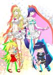  2girls angel blonde_hair dual_persona gun high_heels jewelry long_hair lots_of_jewelry multicolored_hair multiple_girls panty_&amp;_stocking_with_garterbelt panty_(character) panty_(psg) sandals smile stocking_(character) stocking_(psg) sword two-tone_hair weapon wink 