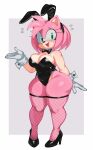  1girl absurdres amy_rose animal_ears animal_nose bare_shoulders black_bow black_bowtie black_leotard blush bow bowtie breasts cleavage commentary detached_collar english_commentary fake_animal_ears fiinel fishnet_thighhighs fishnets flying_sweatdrops full_body furry furry_female gloves green_eyes hairband high_heels highres large_breasts leotard looking_at_viewer open_mouth pink_fur pink_hair playboy_bunny rabbit_ears shoes short_hair simple_background skindentation smile solo sonic_(series) standing strapless strapless_leotard sweatdrop thick_thighs thighhighs thighs traditional_bowtie white_gloves wide_hips wrist_cuffs 