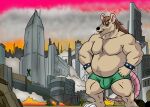 anthro battletoads belly belly_hair big_belly big_blag black_nose body_hair briefs brown_hair bulge chest_hair city city_destruction clothing destruction fur group hair hi_res macro male mammal murid murine musclegut muscular muscular_arms pecs rareware rat rodent solo_focus tan_body tan_fur underwear whiskers wielder13