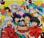  absurdres artist_name birthday_cake black_hair blue_hair bouquet breasts brown_hair cake chandllucky chinese_clothes commentary commentary_request creator_connection crossover english_commentary food fuurinkan_high_school_uniform green_skirt highres higurashi_kagome holding holding_bouquet horns inuyasha inuyasha_(character) lum multiple_boys multiple_girls open_mouth p-chan_(ranma_1/2) panda ranma_1/2 rin_(inuyasha) sailor_collar saotome_genma_(panda) saotome_ranma school_uniform sesshoumaru short_hair skirt takahashi_rumiko_(person) tendou_akane twitter_username urusei_yatsura v white_hair 