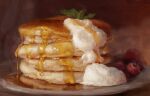  commentary food food_focus fruit kazo_(kazozakazo) maple_syrup no_humans original pancake pancake_stack plate plum realistic still_life whipped_cream 