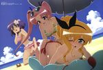  absurdres beach bikini blonde_hair breasts cleavage cloud crab day hairband highres isurugi_mio mamiya_yumi medium_breasts megami mm! multiple_girls non-web_source ocean official_art one_eye_closed ono_kazumi outdoors parasol pink_hair purple_hair sky small_breasts striped striped_bikini striped_swimsuit swimsuit topless twintails umbrella water yuri yuuno_arashiko 