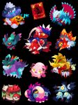  absurdres black_background book brute_bonnet claws closed_mouth colored_sclera fangs flutter_mane full_body gouging_fire great_tusk highres koraidon magnet no_humans open_mouth pokemon pokemon_(creature) pokemon_focus purple_eyes raging_bolt red_eyes red_sclera roaring_moon sandy_shocks scarlet_book_(pokemon) scream_tail screw sharp_teeth shichi_(7cube_ori) simple_background slither_wings smile teeth walking_wake yellow_eyes yellow_sclera 