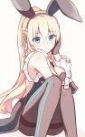  1girl animal_ear_hairband animal_ears aqua_eyes asymmetrical_sleeves bare_shoulders black_gloves black_hairband black_pantyhose blonde_hair blush braid breasts cleavage commentary_request convenient_leg eyes_visible_through_hair fake_animal_ears fake_tail feet_out_of_frame frilled_sleeves frills gloves hair_between_eyes hair_ribbon hairband half_gloves half_up_braid hand_on_own_cheek hand_on_own_face hand_up heaven_burns_red highres knees_together_feet_apart knees_up leotard long_hair long_sleeves looking_at_viewer medium_breasts official_alternate_costume official_alternate_hairstyle pantyhose parted_lips playboy_bunny ponytail rabbit_ear_hairband rabbit_ears rabbit_tail ribbon shira_461 simple_background sitting solo straight_hair strapless strapless_leotard tail thighband_pantyhose thighs toujou_tsukasa toujou_tsukasa_(bunny_fight_deviation) very_long_hair white_ribbon wide_sleeves yellow_background 