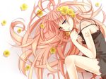  blue_eyes flower hair_flower hair_ornament long_hair lying megurine_luka on_side pink_hair sachikan see-through simple_background solo very_long_hair vocaloid 