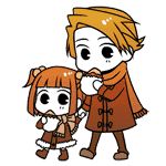  1girl brother_and_sister chibi coat eating lowres mikawa_(xxcrisp) scarf siblings umineko_no_naku_koro_ni ushiromiya_ange ushiromiya_battler 