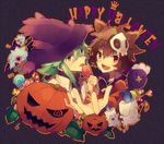  2boys black_(pokemon) black_eyes brown_eyes brown_hair candy drifloon duskull english fang green_hair halloween hat hitomoshi koromori licking litwick mask multiple_boys n_(pokemon) open_mouth pokemon pokemon_(game) pokemon_black_and_white pokemon_bw pumpkin touya_(pokemon) werewolf 